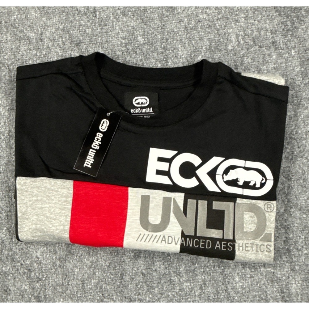 Eckoβ Unltd Mens Large Black Red Colorblock Rhino Graphic Streetwear T Shirt NWT